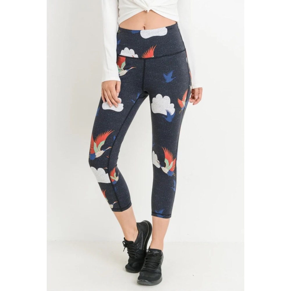 Mono B Leggings Womens L‎ Navy Flying Crane Cloud High Waisted Cropped APH2154